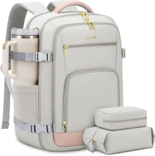 Vista 30 de LOVEVOOK Mochila de viaje para mujer y hombre, Beige, Mochilas de viaje