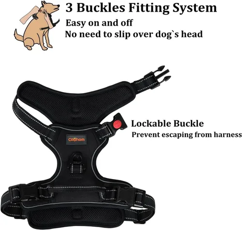 Vista 4 de Coohom Arnés para perro sin tirones con asa y dos accesorios para correa, arnés ajustable para mascotas al aire libre con material Oxford