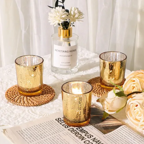 Vista 2 de DEVI Portavelas votivas doradas, 24 unidades, candelabros de cristal de mercurio, centros de mesa de boda dorados para decoración de mesa