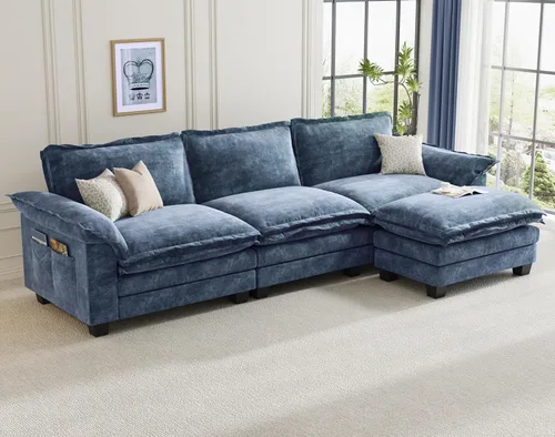 Vista 52 de KKL Sofá cama modular seccional, sofá de nube de 4 plazas con otomana, sofás seccionales de felpilla para sala de estar, apartamento, beige