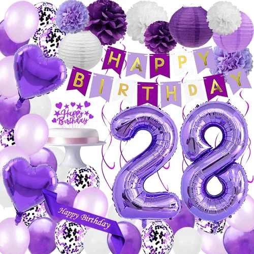 Juego de decoraciones de cumpleaños número 28 de color morado, banderines y decoración para tartas, globos de látex con confeti número 28, faroles