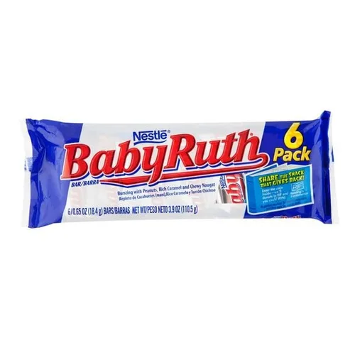 Vista 2 de Paquete de 2 barras Baby Ruth Fun Size, paquete de 6, maní tostado seco, caramelo rico y turrón suave, 3.9 onzas