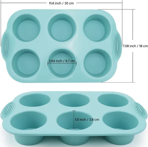 Vista 2 de Molde de silicona para magdalenas, bandeja antiadherente de 6 cavidades para magdalenas, cupcakes, brownies y más, de grado alimenticio y sin BPA