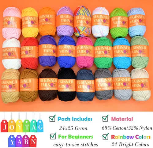 Vista 3 de 24 Pack de Hilo de Ganchillo para Principiantes Azul Rosa Púrpura Marrón Arcoíris de Algodón para Tejer y Ganchillo con Puntos Fáciles de Ver Kit