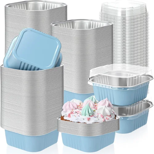 Vista 28 de Aoriher 150 moldes cuadrados de 10 onzas para pasteles con tapas, tazas de brownie de aluminio para hornear, moldes desechables para cupcakes