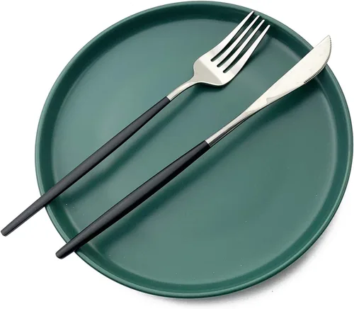 Vista 7 de Juego de cubiertos plateados con mango negro, 24 piezas de acero inoxidable brillante, cubiertos para 6, aptos para lavavajillas