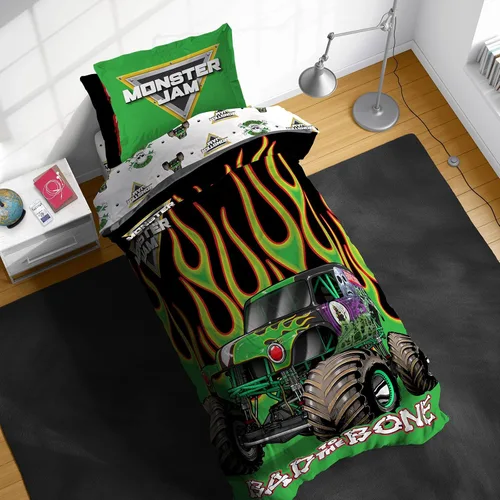 Juego de ropa de cama Sunny Side Up Monster Jam para cama individual - Juego de 5 piezas para niños incluye edredón, sábanas y funda de almohada -
