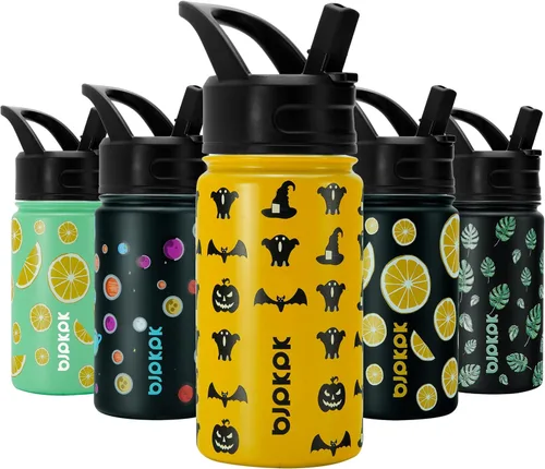 Vista 108 de BJPKPK - Botellas de agua aisladas con tapa de popote, botellas de agua de acero inoxidable de 40 onzas con 3 tapas, termo a prueba de fugas sin