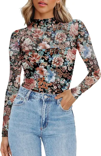Vista 2 de Zeagoo Blusa de manga larga de malla para mujer, cuello alto, fruncido Estampado floral