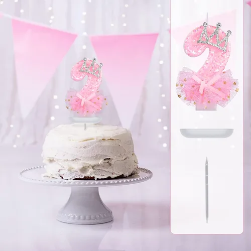 Vista 4 de Velas de número de cumpleaños, velas de malla con lazo de corona de 2.95 pulgadas, velas de números rosas con purpurina, velas de cumpleaños