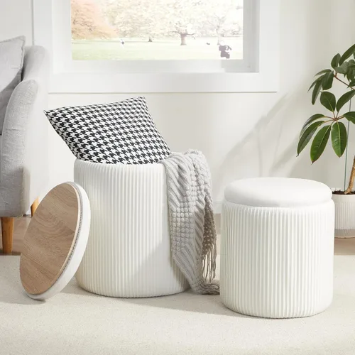 Vista 22 de Boucle - Juego de 2 otomanas redondas con almacenamiento, taburete pequeño para sala de estar, mesa de centro pequeña, taburete de tocador