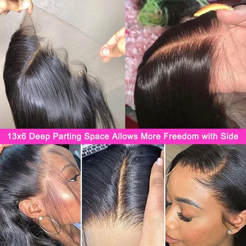 Vista 8 de Lemoda Peluca de encaje frontal completo de 13 x 6 pulgadas, pelucas de cabello humano lacio HD transparente de encaje sin pegamento, peluca