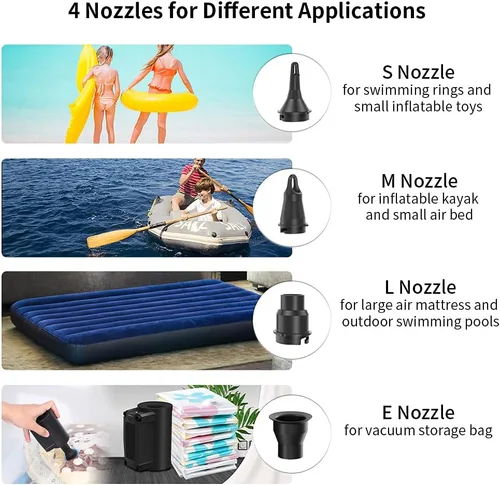 Vista 6 de Bomba de aire eléctrica, bomba de aire portátil para inflables, bombas recargables con boquillas para colchón de aire, anillos de natación, piscinas