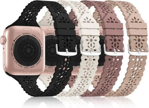 Vista 7 de Bandiction - Paquete de 4 correas de silicona de encaje compatibles con Apple Watch de 38mm 40mm 41mm 42mm 44mm 45mm 46mm 49mm, correa delgada
