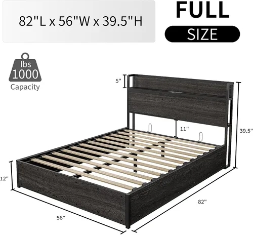 Vista 2 de LUXOAK Cama de Almacenamiento Elevable Tamaño Full, Marco de Cama Plataforma de Madera con Cabecera de Almacenamiento y Estación de Carga, No Negro