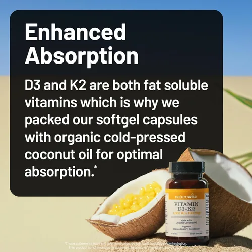 Vista 8 de NatureWise Vitamina D3 1000IU + K2 (MK7) 100mcg con aceite de coco orgánico extra virgen – Apoya la absorción de calcio, salud ósea e inmune – Sin