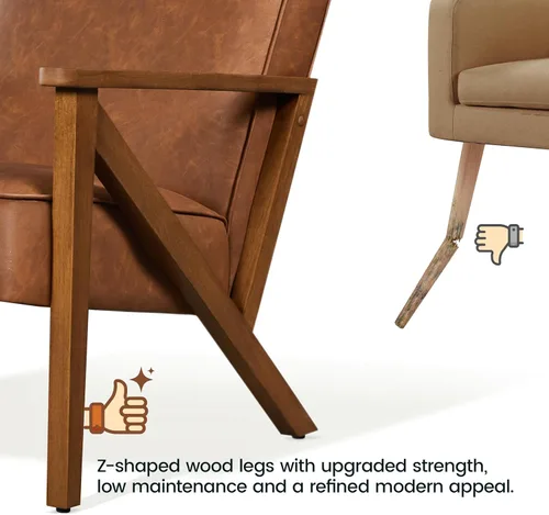 Vista 6 de Yaheetech Silla decorativa de piel sintética con marco de madera, moderna silla retro para sala de estar, oficina, área de recepción, color marrón