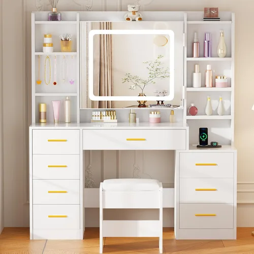 Vista 5 de BEWISHOME Escritorio grande con espejo y luces, mesa de maquillaje blanca con toma de corriente, escritorio de maquillaje con 8 cajones, 7 estantes