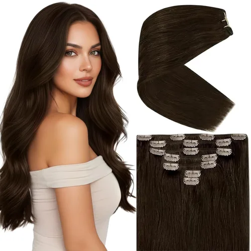 Vista 12 de Ve Sunny Extensiones de cabello humano real con clip balayage, color marrón castaño degradado a rubio, 12 pulgadas, 5 unidades, 2.82 onzas