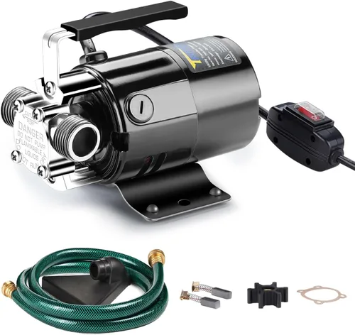 Vista 10 de Trupow DC 12-Volt 1/10HP 330GPH, alimentada por batería, mini bomba de agua de transferencia de sumidero eléctrico portátil con kit de manguera