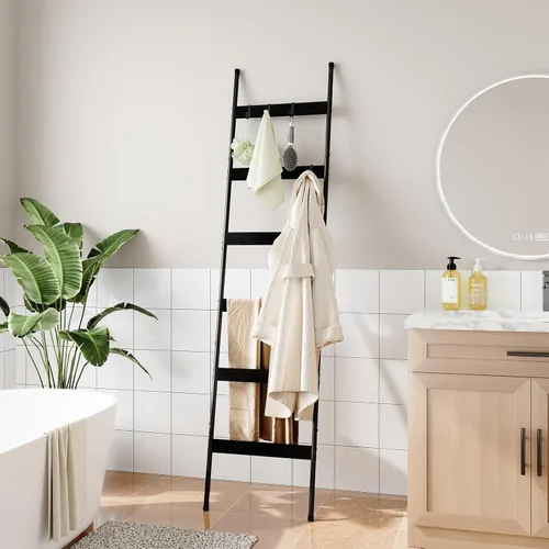 Vista 5 de ELYKEN Escalera de Manta para Sala de Estar, Soporte de Edredón de 6 Niveles de Granja con 4 Ganchos Removibles para Baño, Estante de Madera