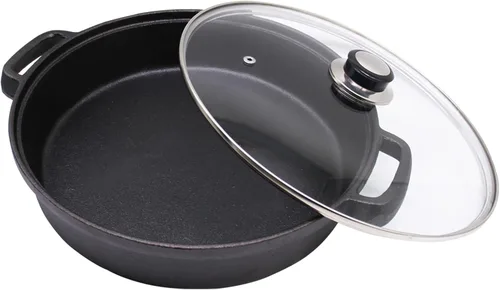 Sartén de hierro fundido con tapa de vidrio templado, sartén profunda de hierro fundido de doble mango de 12 pulgadas con tapa para cocina y