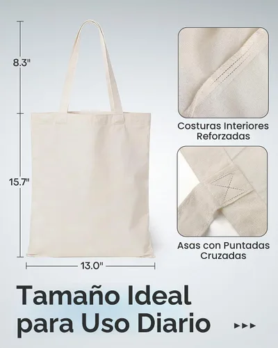 Vista 3 de HOTOR - Bolsa de lona, paquete de 12 bolsas reutilizables para comestibles Beige
