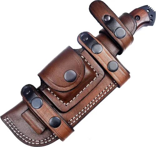 Vista 15 de Ottoza Cuchillo de caza de hoja fija con funda de cuero y transporte horizontal, cuchillo de supervivencia y campamento al aire libre de espiga