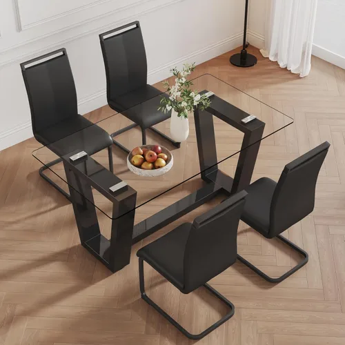 Vista 8 de Ebullient Mesa de comedor de cristal, mesa de comedor moderna, mesa de vidrio templado de 63 pulgadas con patas trapezoidales de MDF negras, mesa