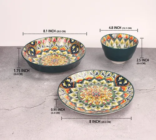 Vista 2 de YA JU Juego de Vajilla Mandala (12 Piezas) Sirve para 4, Vajilla para Buffet, Juego de Platos y Cuencos Boho con Plato de Ensalada de 8 Pulgadas