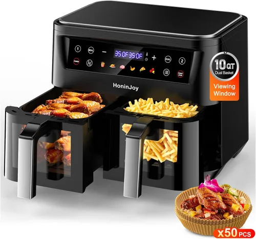SyncCook - Freidora de aire de doble cesta grande de 10 cuartos con ventana de visualización y 50 revestimientos de papel, 10 en 1 con pantalla