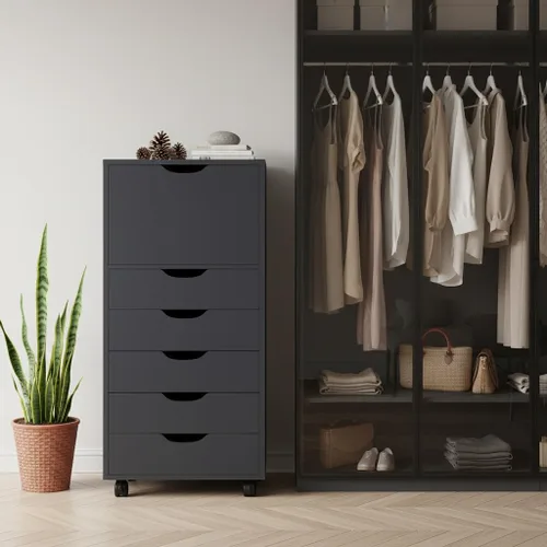 Vista 84 de Naomi Home Cómoda de 5 cajones para dormitorio, alta y elegante, con ruedas y estantes de almacenamiento, pequeña para guardarropa, para maquillaje