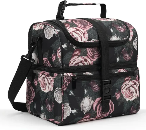 Vista 9 de PBRO Lonchera térmica de doble cubierta para mujer, lonchera grande reutilizable con cinturón de hombro ajustable, bolsillos laterales, lindas hojas
