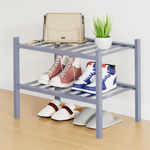 Vista 42 de Smiry Zapatero pequeño de bambú de 2 niveles, apilable, estante de almacenamiento de zapatos de madera para armario, entrada, entrada de puerta Negro