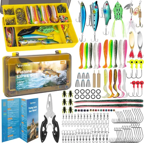 WITOROR Fishing Lures, Tackle Box with Tackle Included, Crankbaits, Spoon, Hooks, Weights & Other Accessories, Fishing Bait Lure Gear Kit Gifts for