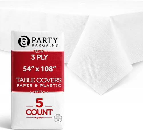 Vista 33 de PARTY BARGAINS Manteles de mesa desechables, 54 x 108 pulgadas, color blanco, 3 capas de papel y plástico, resistentes a derrames, 1 paquete