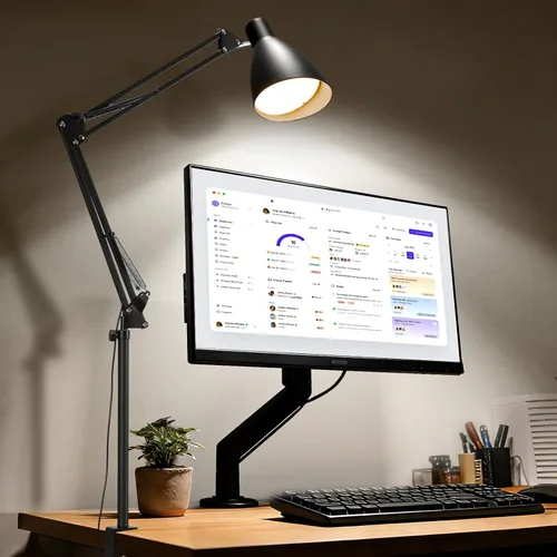 Vista 9 de Lámpara de escritorio LED para oficina en casa, soporte de mesa ajustable con cuello de cisne con abrazadera, 5 modos de color y 10 de brillo