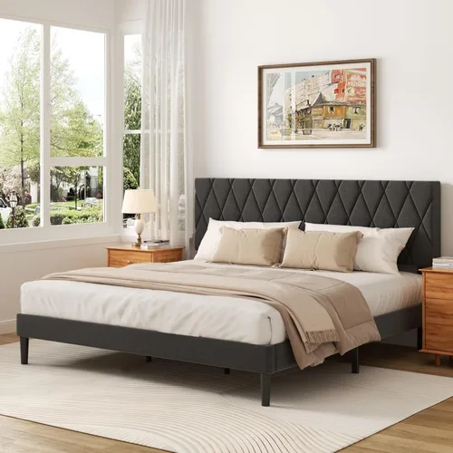 Vista 9 de CXVX Marco de cama tamaño completo con cabecera capitonada de diamante, cama plataforma tapizada en terciopelo y soporte de listones de madera, sin