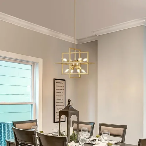 Vista 7 de Candelabros pequeños y modernos, lámpara colgante geométrica dorada, lámpara colgante industrial de 8 luces para comedor, sala de estar, cocina