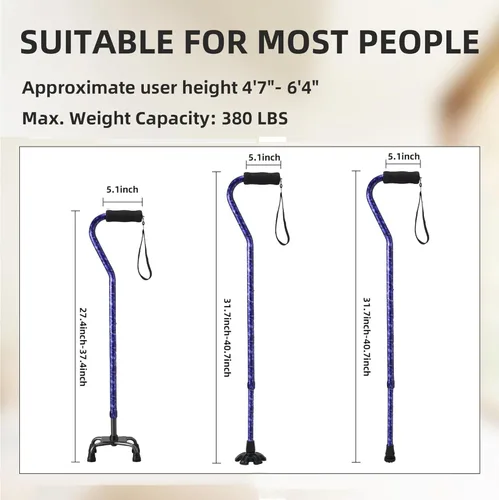 Vista 3 de Bastón de caminar para mujeres y hombres, bastón cuádruple ajustable con base de 4 puntas para estabilidad y equilibrio, bastón plegable de aluminio