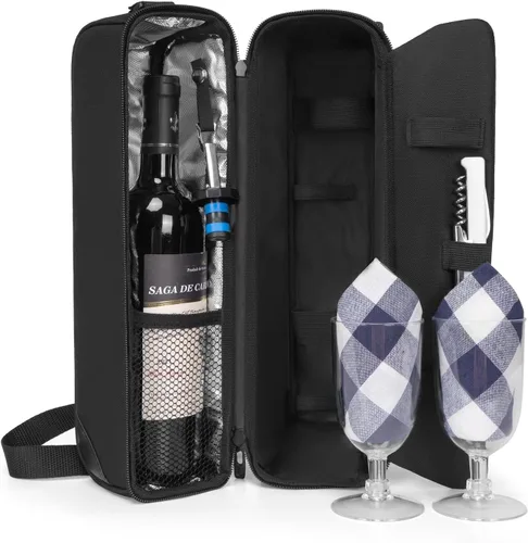 ALLCAMP - Bolsa de vino con compartimento refrigerador, juego de picnic que lleva dos juegos de vajilla