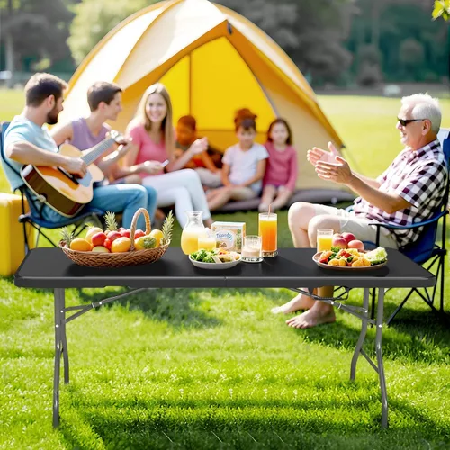 Vista 8 de Mesa plegable de 5 pies con asa de transporte, mesa plegable de plástico portátil con cerraduras de seguridad, mesa plegable de plástico resistente
