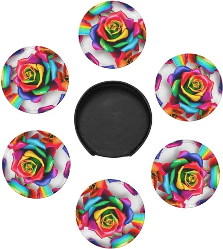 Vista 7 de Rainbow Rose Flower Leather Coasters for Drinks Set of 6 for Tabletop Protection, Elegant Home Decor & Housewarming Gift