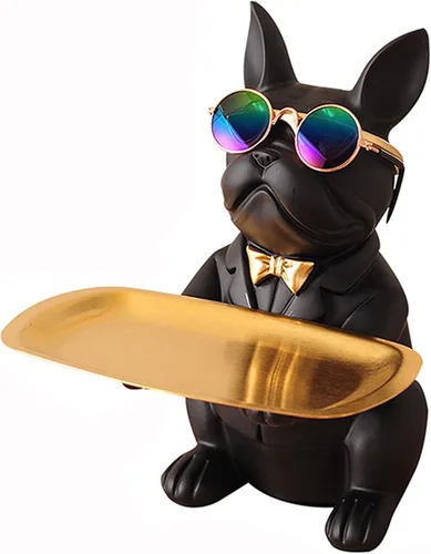 Resin Bulldog Tray Statue Animal Sculpture Storage Bank Coin Dog French Table Home Candy for Decorations Home Decor Office Cute Butler Statues(Black)