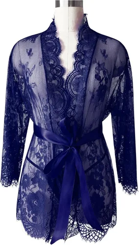 Vista 3 de Qopobobo Babydoll Lencería para mujer 2023 Kimono de encaje bata de manga larga lencería de malla vestido con cinturón