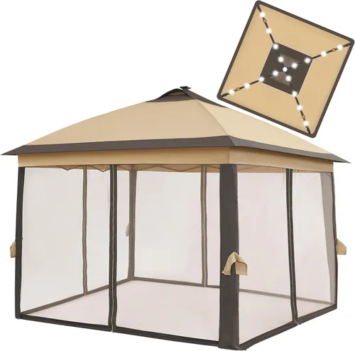 Vista 9 de Yaheetech Carpa de campaña instantánea desplegable de 11 x 11 pies con 17 luces LED solares y mosquitero con cremallera, refugio al aire libre