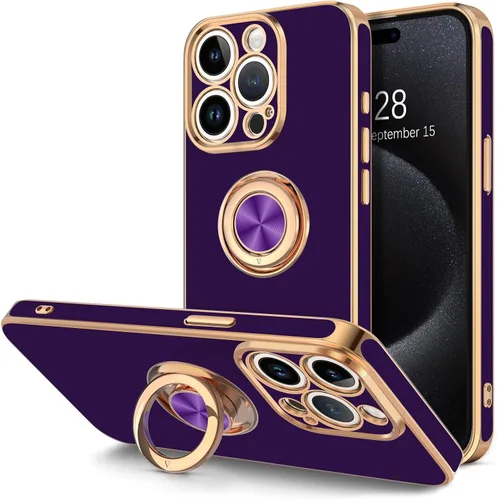 Vista 10 de Hython Funda para iPhone 15 con Soporte de Anillo, Soporte de Anillo Giratorio de 360° Soporte Magnético, Borde Chapado en Oro Rosa Cubierta Suave