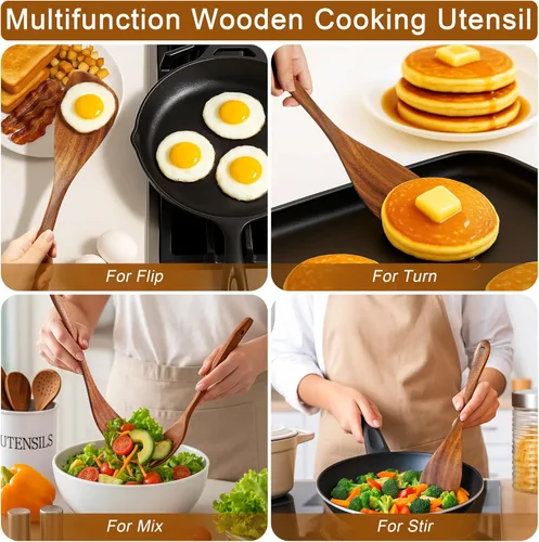 Vista 2 de Jilla-hla Espátula de madera antiadherente con mango largo de acacia, espátulas planas para freír hechas a mano para regalos de cocina, utensilios
