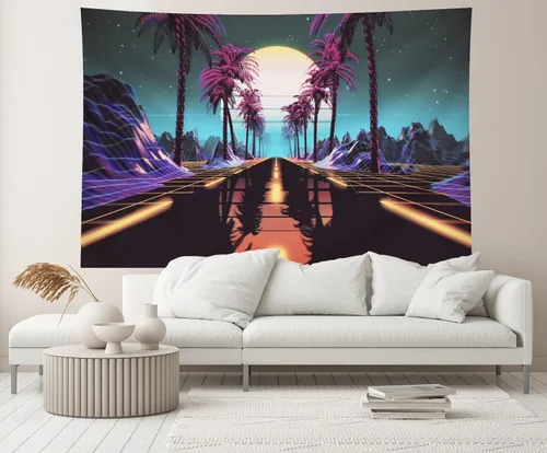 Vista 4 de 5x3ft Retro Futuristic 80s Backdrop Retrowave Neon Lights Road Tropical Trees Mountain Sun Starry Sky Background Cyberpunk Video Game Punk Birthday