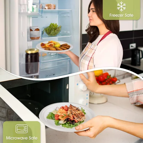 Vista 4 de Fuyit 250 platos de papel compostables con juego de cubiertos, utensilios desechables biodegradables largos ecológicos incluye platos, tenedor